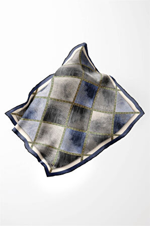 Twill Geometrik Desenli İndigo Renkli 90x90 Eşarp (İpek İçermez) Kenar Dikiş Şekli El Dikişli