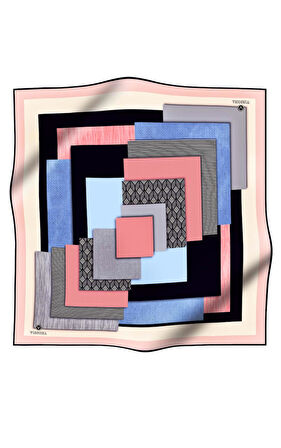 %100 Twill İpek Geometrik Desenli Bebe Mavisi - Pudra Renkli 90x90 Eşarp Dikim Şekli : El Dikişi