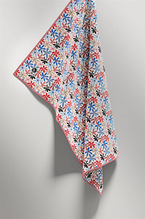 Twill Renkli Çiçek Desenli Pudra - Bebe Mavisi Renkli 90x90 Eşarp (İpek İçermez) Kenar Dikiş Şekli El Dikişli