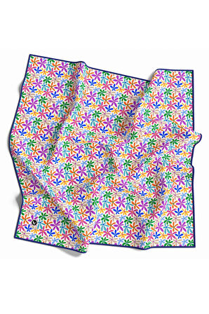 Twill Renkli Çiçek Desenli Lacivert Renkli 90x90 Eşarp (İpek İçermez) Kenar Dikiş Şekli El Dikişli