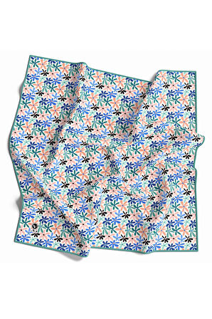 Twill Renkli Çiçek Desenli Buz Mavisi Renkli 90x90 Eşarp (İpek İçermez) Kenar Dikiş Şekli El Dikişli