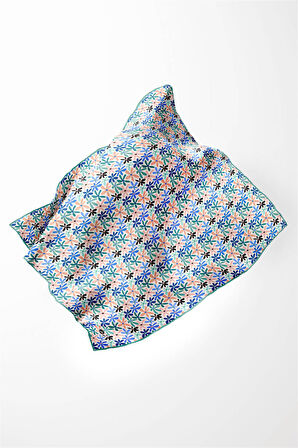 Twill Renkli Çiçek Desenli Buz Mavisi Renkli 90x90 Eşarp (İpek İçermez) Kenar Dikiş Şekli El Dikişli