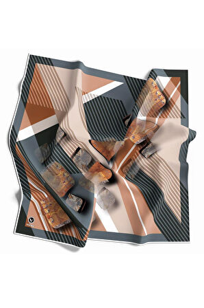 Twill Çizgili ve Geometrik Desenli Somon Renkli 90x90 Eşarp (İpek İçermez) Kenar Dikiş Şekli El Dikişli