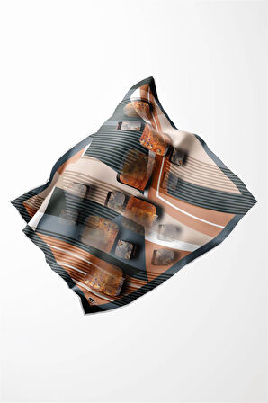 Twill Çizgili ve Geometrik Desenli Somon Renkli 90x90 Eşarp (İpek İçermez) Kenar Dikiş Şekli El Dikişli