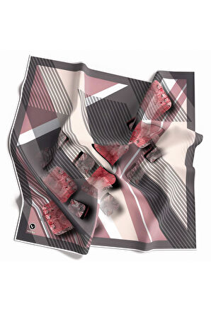 Twill Çizgili ve Geometrik Desenli Pudra Renkli 90x90 Eşarp (İpek İçermez) Kenar Dikiş Şekli El Dikişli