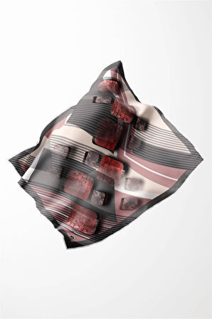 Twill Çizgili ve Geometrik Desenli Pudra Renkli 90x90 Eşarp (İpek İçermez) Kenar Dikiş Şekli El Dikişli