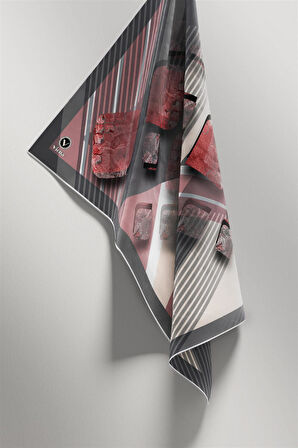 Twill Çizgili ve Geometrik Desenli Pudra Renkli 90x90 Eşarp (İpek İçermez) Kenar Dikiş Şekli El Dikişli