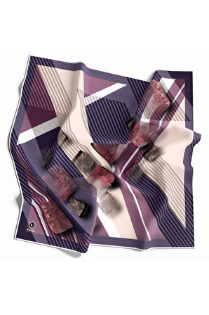 Twill Çizgili ve Geometrik Desenli Mor Renkli 90x90 Eşarp (İpek İçermez) Kenar Dikiş Şekli El Dikişli