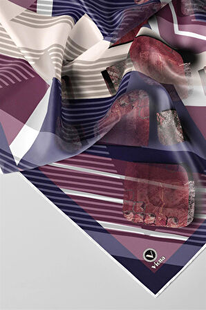 Twill Çizgili ve Geometrik Desenli Mor Renkli 90x90 Eşarp (İpek İçermez) Kenar Dikiş Şekli El Dikişli