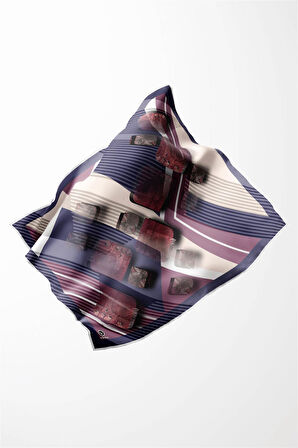 Twill Çizgili ve Geometrik Desenli Mor Renkli 90x90 Eşarp (İpek İçermez) Kenar Dikiş Şekli El Dikişli