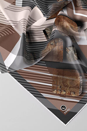 Twill Çizgili ve Geometrik Desenli Gri Renkli 90x90 Eşarp (İpek İçermez) Kenar Dikiş Şekli El Dikişli