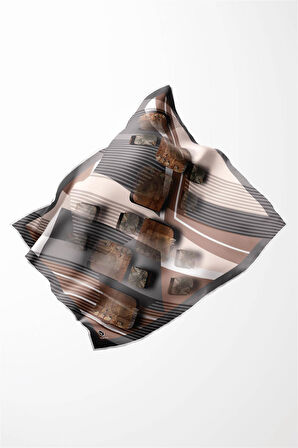 Twill Çizgili ve Geometrik Desenli Gri Renkli 90x90 Eşarp (İpek İçermez) Kenar Dikiş Şekli El Dikişli