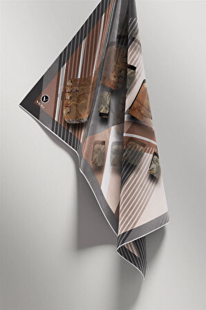 Twill Çizgili ve Geometrik Desenli Gri Renkli 90x90 Eşarp (İpek İçermez) Kenar Dikiş Şekli El Dikişli
