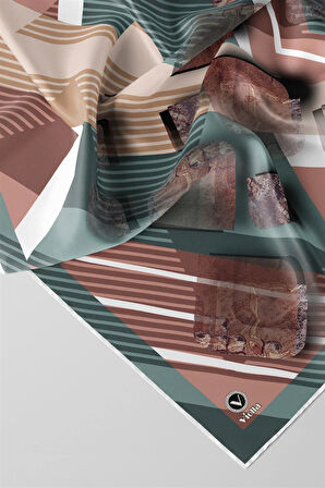 Twill Çizgili ve Geometrik Desenli Mint Renkli 90x90 Eşarp (İpek İçermez) Kenar Dikiş Şekli El Dikişli