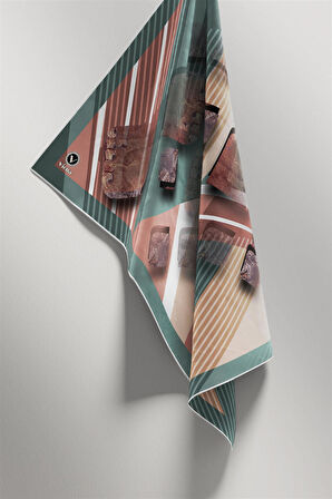 Twill Çizgili ve Geometrik Desenli Mint Renkli 90x90 Eşarp (İpek İçermez) Kenar Dikiş Şekli El Dikişli