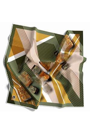 Twill Çizgili ve Geometrik Desenli Haki Renkli 90x90 Eşarp (İpek İçermez) Kenar Dikiş Şekli El Dikişli