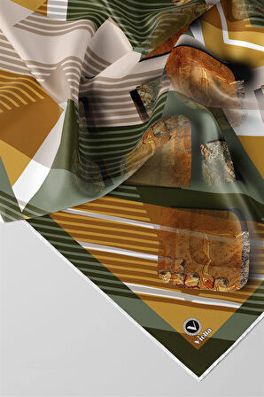 Twill Çizgili ve Geometrik Desenli Haki Renkli 90x90 Eşarp (İpek İçermez) Kenar Dikiş Şekli El Dikişli