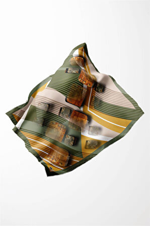 Twill Çizgili ve Geometrik Desenli Haki Renkli 90x90 Eşarp (İpek İçermez) Kenar Dikiş Şekli El Dikişli