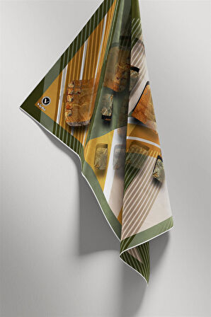 Twill Çizgili ve Geometrik Desenli Haki Renkli 90x90 Eşarp (İpek İçermez) Kenar Dikiş Şekli El Dikişli