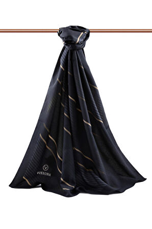 LÜKS MEDİNE İPEĞİ ÇAPRAZ ÇİZGİLİ DESENLİ SİYAH RENKLİ 75X195 KIRIŞMAZ ŞAL MOSS KREP DİKİŞ TİPİ İTALYAN DİKİŞLİ