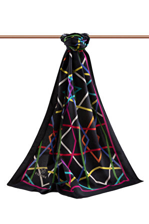 LÜKS MEDİNE İPEĞİ ÇİZGİLİ DESENLİ SİYAH - FUŞYA RENKLİ 75X195 KIRIŞMAZ ŞAL MOSS KREP DİKİŞ TİPİ İTALYAN DİKİŞLİ