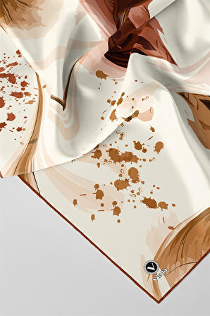 Twill Dalga Desenli Taba Renkli 90x90 Eşarp (İpek İçermez) Kenar Dikiş Şekli El Dikişli