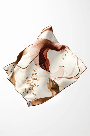 Twill Dalga Desenli Taba Renkli 90x90 Eşarp (İpek İçermez) Kenar Dikiş Şekli El Dikişli