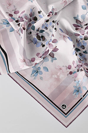 Twill Çiçek Desenli Mor Renkli 90x90 Eşarp (İpek İçermez) Kenar Dikiş Şekli El Dikişli