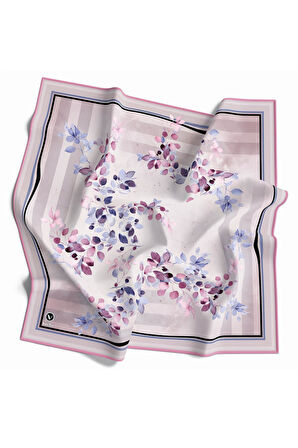 Twill Çiçek Desenli Pembe Renkli 90x90 Eşarp (İpek İçermez) Kenar Dikiş Şekli El Dikişli