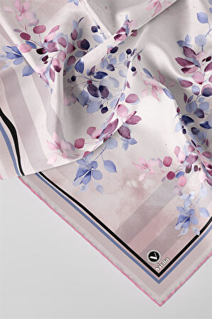 Twill Çiçek Desenli Pembe Renkli 90x90 Eşarp (İpek İçermez) Kenar Dikiş Şekli El Dikişli