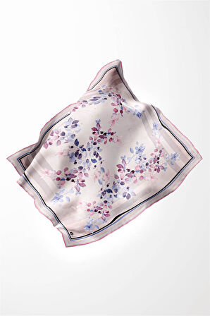 Twill Çiçek Desenli Pembe Renkli 90x90 Eşarp (İpek İçermez) Kenar Dikiş Şekli El Dikişli