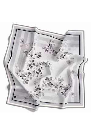 Twill Çiçek Desenli Gri Renkli 90x90 Eşarp (İpek İçermez) Kenar Dikiş Şekli El Dikişli