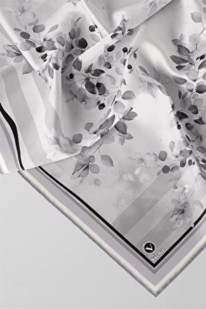 Twill Çiçek Desenli Gri Renkli 90x90 Eşarp (İpek İçermez) Kenar Dikiş Şekli El Dikişli