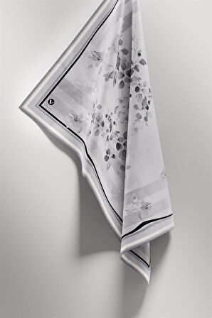 Twill Çiçek Desenli Gri Renkli 90x90 Eşarp (İpek İçermez) Kenar Dikiş Şekli El Dikişli
