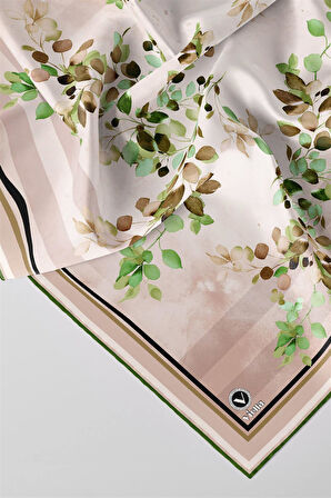 Twill Çiçek Desenli Zümrüt Yeşili Renkli 90x90 Eşarp (İpek İçermez) Kenar Dikiş Şekli El Dikişli