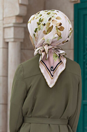 Twill Çiçek Desenli Haki Yeşili Renkli 90x90 Eşarp (İpek İçermez) Kenar Dikiş Şekli El Dikişli