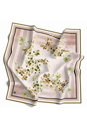 Twill Çiçek Desenli Haki Yeşili Renkli 90x90 Eşarp (İpek İçermez) Kenar Dikiş Şekli El Dikişli