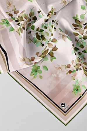 Twill Çiçek Desenli Haki Yeşili Renkli 90x90 Eşarp (İpek İçermez) Kenar Dikiş Şekli El Dikişli