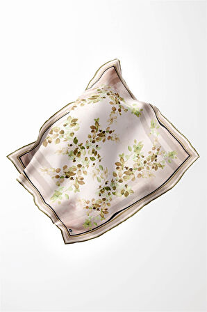 Twill Çiçek Desenli Haki Yeşili Renkli 90x90 Eşarp (İpek İçermez) Kenar Dikiş Şekli El Dikişli