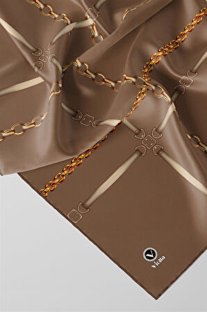 Twill Zincir ve Kemer Desenli Bej Renkli 90x90 Eşarp (İpek İçermez) Kenar Dikiş Şekli El Dikişli