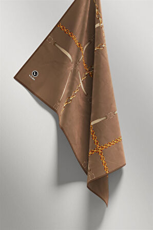 Twill Zincir ve Kemer Desenli Bej Renkli 90x90 Eşarp (İpek İçermez) Kenar Dikiş Şekli El Dikişli