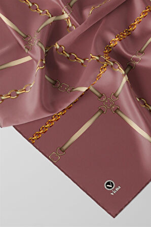 Twill Zincir ve Kemer Desenli Gül Kurusu Renkli 90x90 Eşarp (İpek İçermez) Kenar Dikiş Şekli El Dikişli