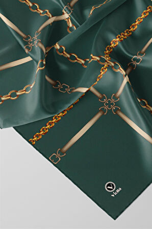 Twill Zincir ve Kemer Desenli Benetton Yeşili Renkli 90x90 Eşarp (İpek İçermez) Kenar Dikiş Şekli El Dikişli
