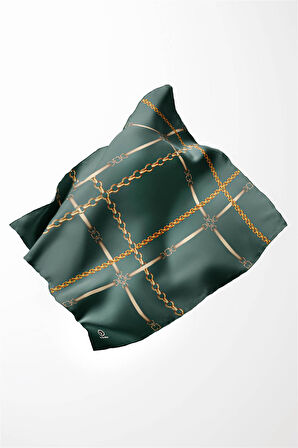 Twill Zincir ve Kemer Desenli Benetton Yeşili Renkli 90x90 Eşarp (İpek İçermez) Kenar Dikiş Şekli El Dikişli