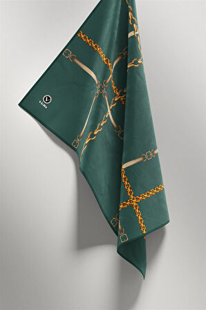 Twill Zincir ve Kemer Desenli Benetton Yeşili Renkli 90x90 Eşarp (İpek İçermez) Kenar Dikiş Şekli El Dikişli