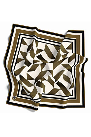 Twill Geometrik Desenli Hardal Renkli 90x90 Eşarp (İpek İçermez) Kenar Dikiş Şekli El Dikişli