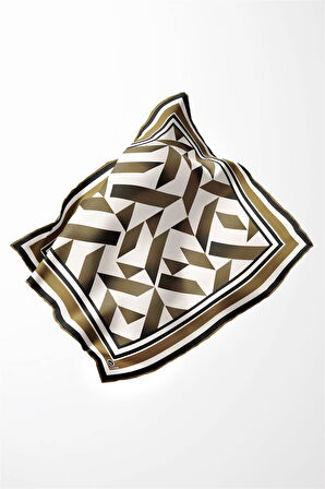 Twill Geometrik Desenli Hardal Renkli 90x90 Eşarp (İpek İçermez) Kenar Dikiş Şekli El Dikişli