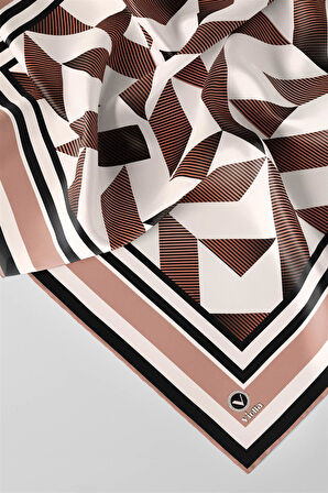 Twill Geometrik Desenli Somon Renkli 90x90 Eşarp (İpek İçermez) Kenar Dikiş Şekli El Dikişli