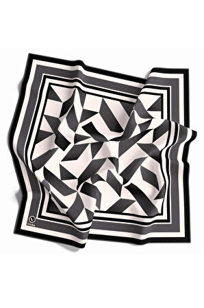 Twill Geometrik Desenli Füme Renkli 90x90 Eşarp (İpek İçermez) Kenar Dikiş Şekli El Dikişli