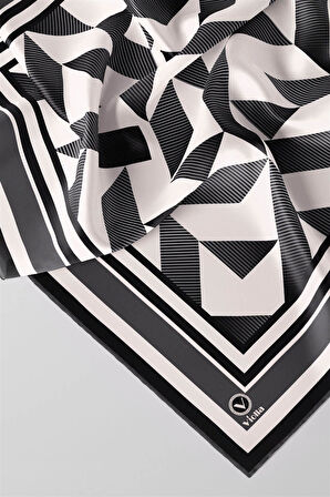 Twill Geometrik Desenli Füme Renkli 90x90 Eşarp (İpek İçermez) Kenar Dikiş Şekli El Dikişli